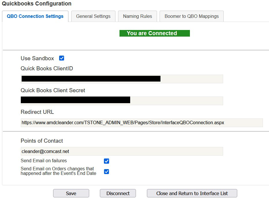 QBO connection settings
