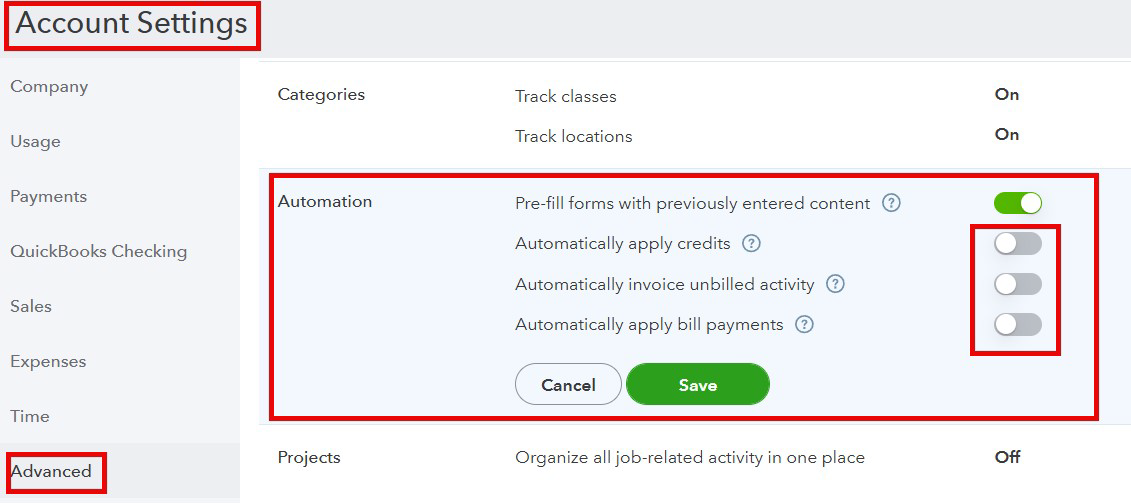 QuickBooks automation settings