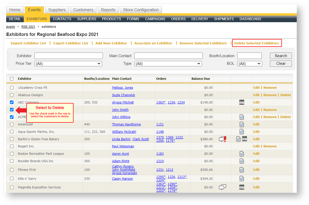 Delete Selected Exhibitors