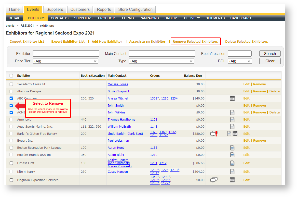 Remove Selected Exhibitors