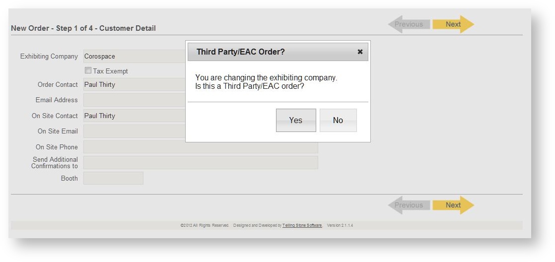 Confirm a third party or EAC order when changing the exhibiting company in Boomer