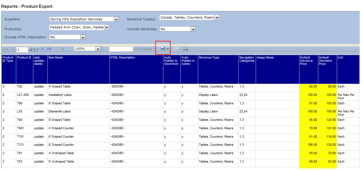 Product Export Results with Blue Disk