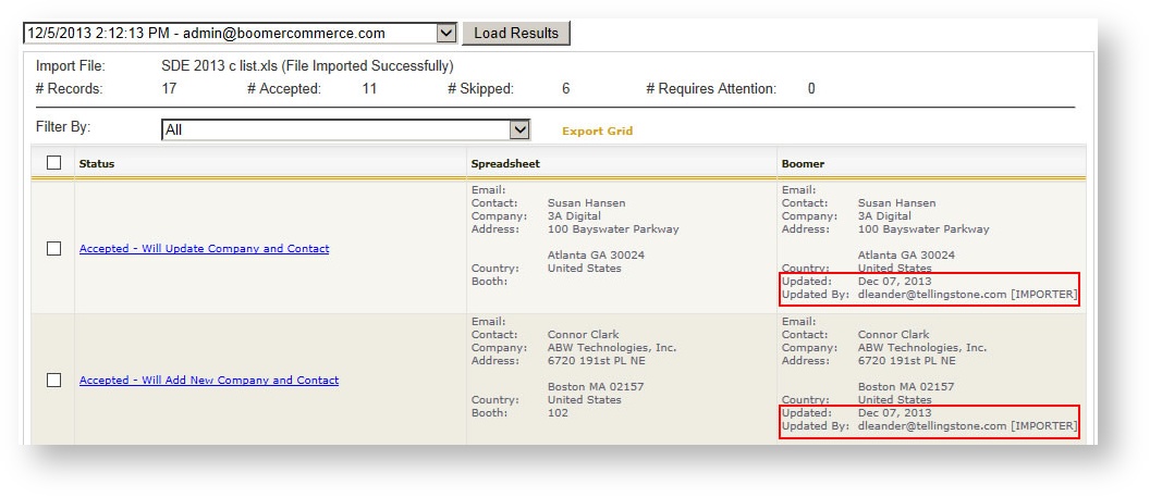 Exhibitor Import With Updated Info