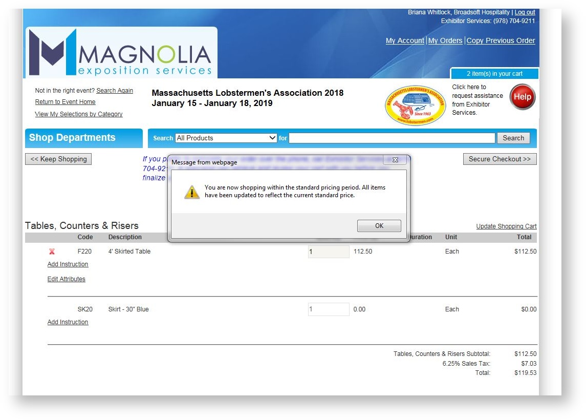 Shopping Cart Message