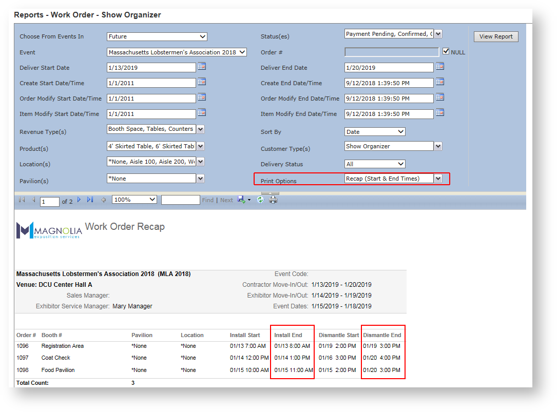 Work Order - Show Organizer Recap Report